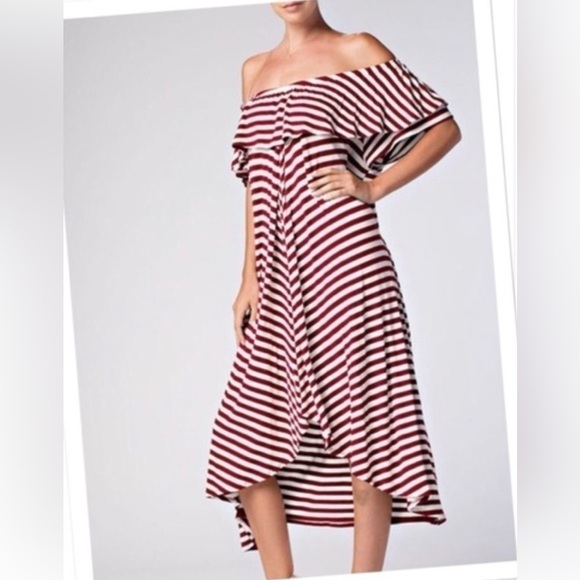 Wine & White Boho Striped Off the Shoulders Dress - Picture 2 of 4